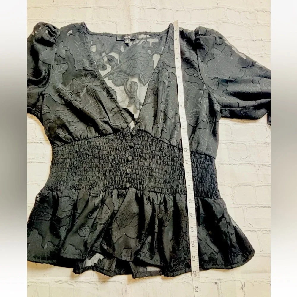 Lulus Women's M Patio Date Black Floral Burnout Lace Button-Up Long Sleeve Top - Picture 10 of 13
